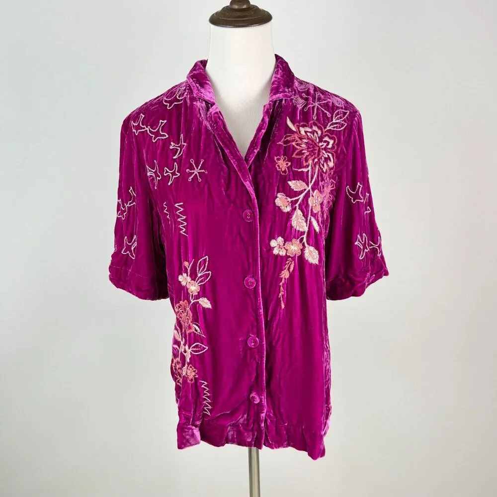 NWOT Johnny Was Velvet Silk Blend Floral Embroidered Button Shirt Blouse Size S_2